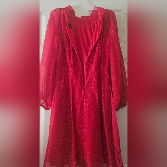DKNY Red glitter ruffled dress Balloon sleeve with belt at waist size 10 - Picture 6 of 10